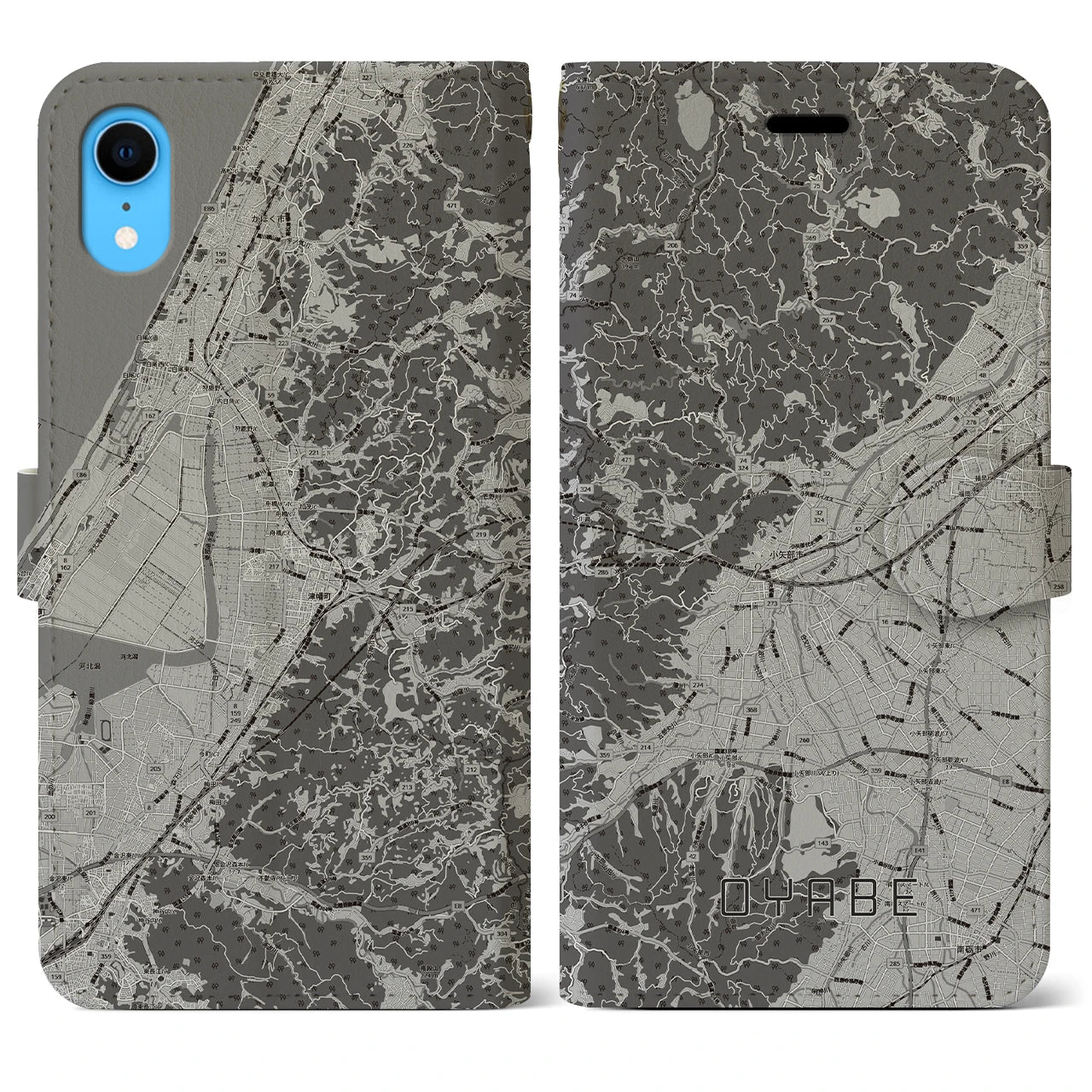 【小矢部(富山県)】地図柄iPhoneケース(手帳タイプ)モノトーン・iPhone XR 用