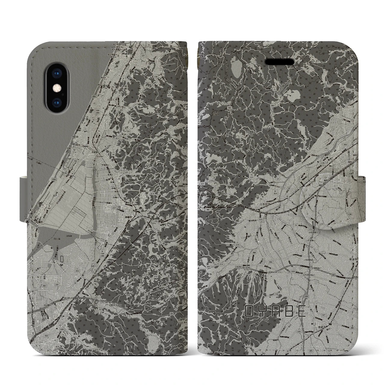 【小矢部(富山県)】地図柄iPhoneケース(手帳タイプ)モノトーン・iPhone XS / X 用