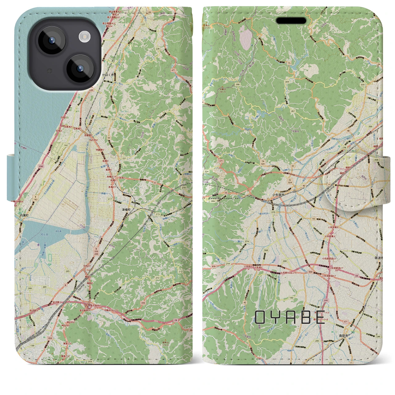 【小矢部(富山県)】地図柄iPhoneケース(手帳タイプ)ナチュラル・iPhone 14 Plus 用