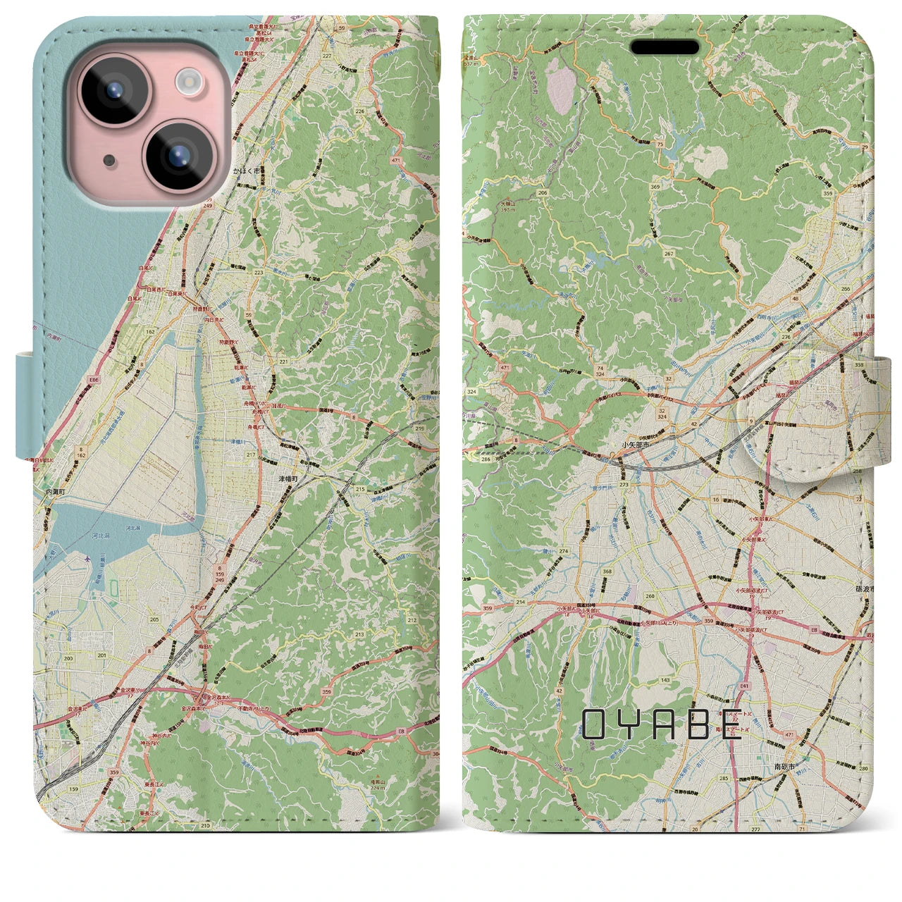 【小矢部(富山県)】地図柄iPhoneケース(手帳タイプ)ナチュラル・iPhone 15 Plus 用