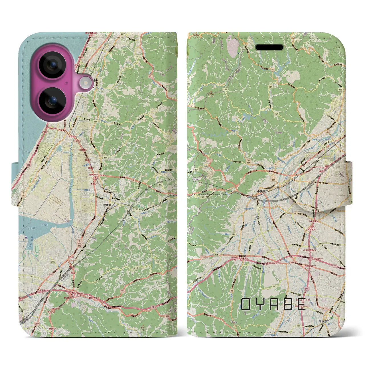 【小矢部(富山県)】地図柄iPhoneケース(手帳タイプ)ナチュラル・iPhone 16 Pro 用