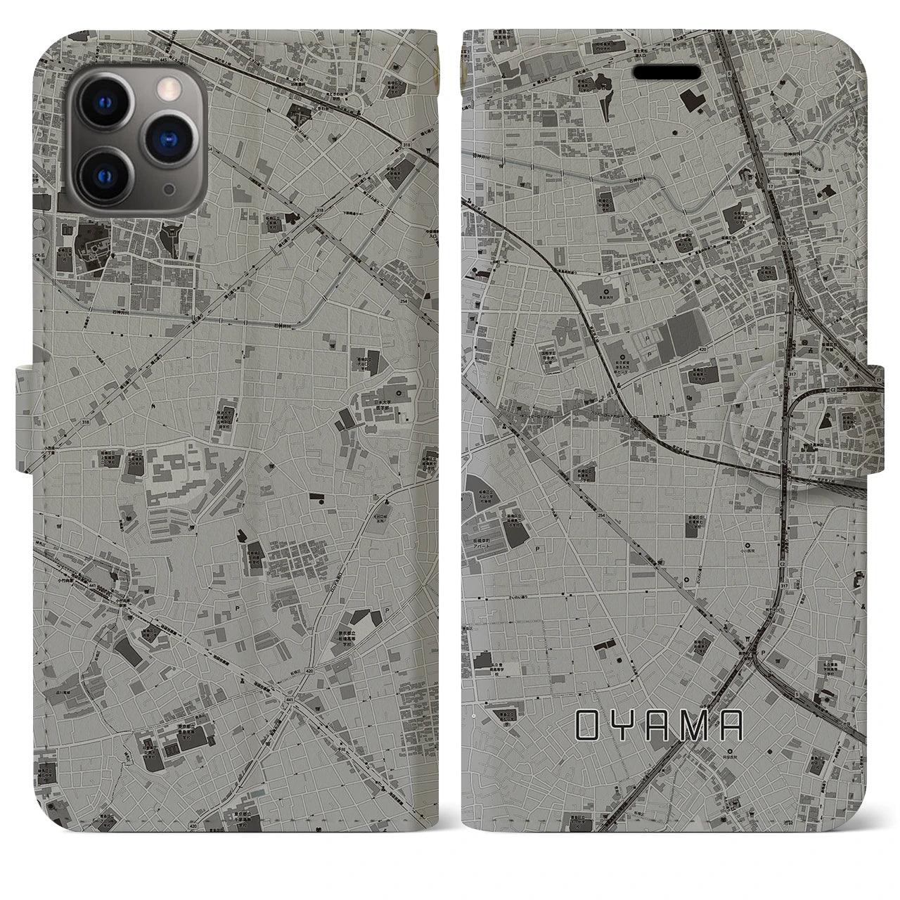 【大山(東京都)】地図柄iPhoneケース(手帳タイプ)モノトーン・iPhone 11 Pro Max 用