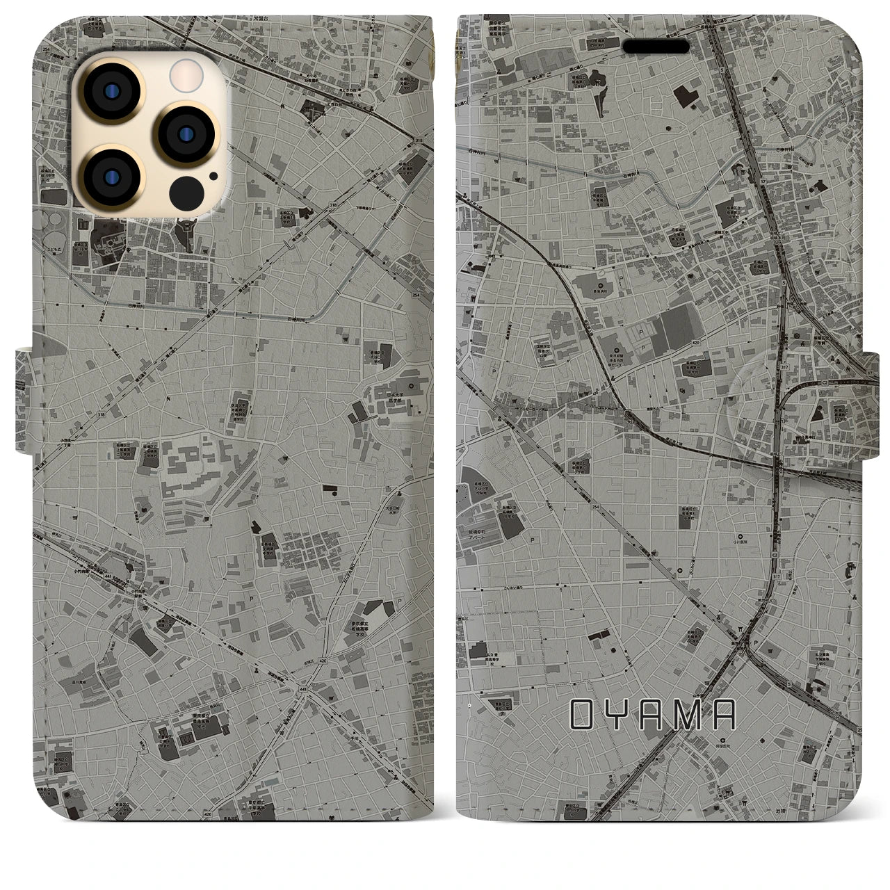【大山(東京都)】地図柄iPhoneケース(手帳タイプ)モノトーン・iPhone 12 Pro Max 用