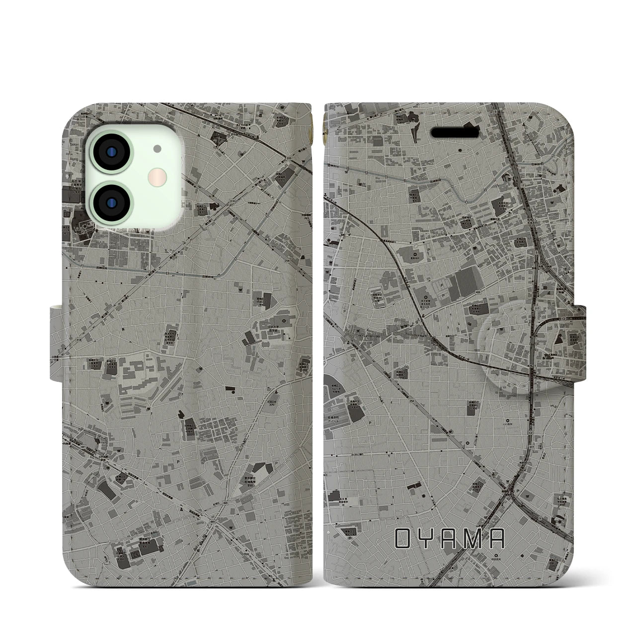 【大山(東京都)】地図柄iPhoneケース(手帳タイプ)モノトーン・iPhone 12 mini 用