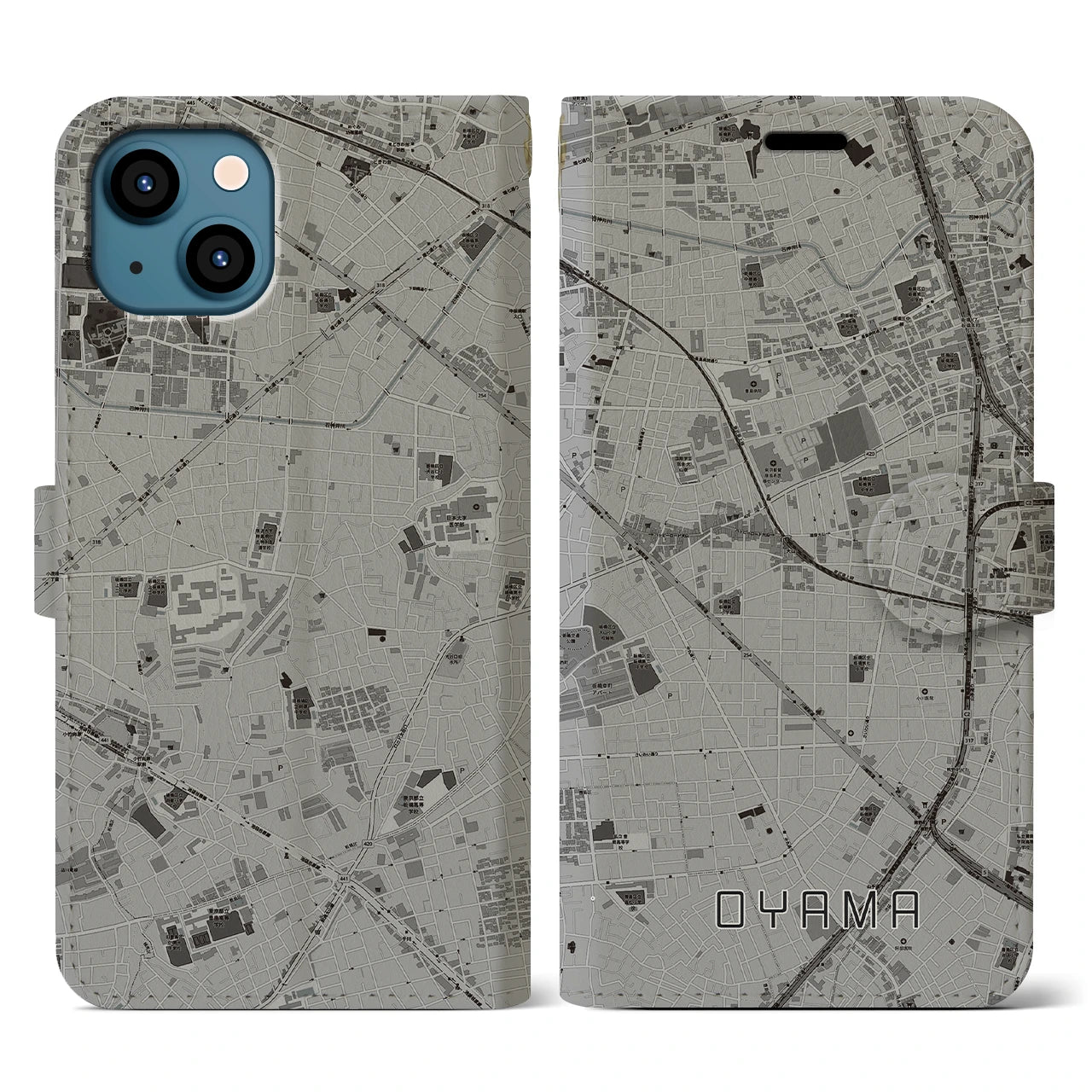 【大山(東京都)】地図柄iPhoneケース(手帳タイプ)モノトーン・iPhone 13 用