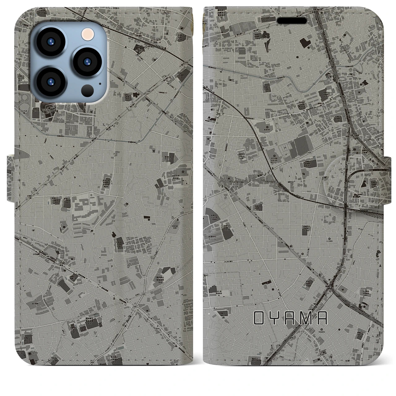 【大山(東京都)】地図柄iPhoneケース(手帳タイプ)モノトーン・iPhone 13 Pro Max 用