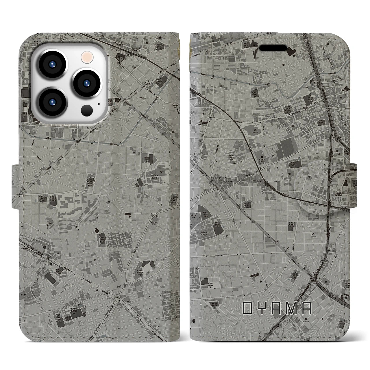 【大山(東京都)】地図柄iPhoneケース(手帳タイプ)モノトーン・iPhone 13 Pro 用