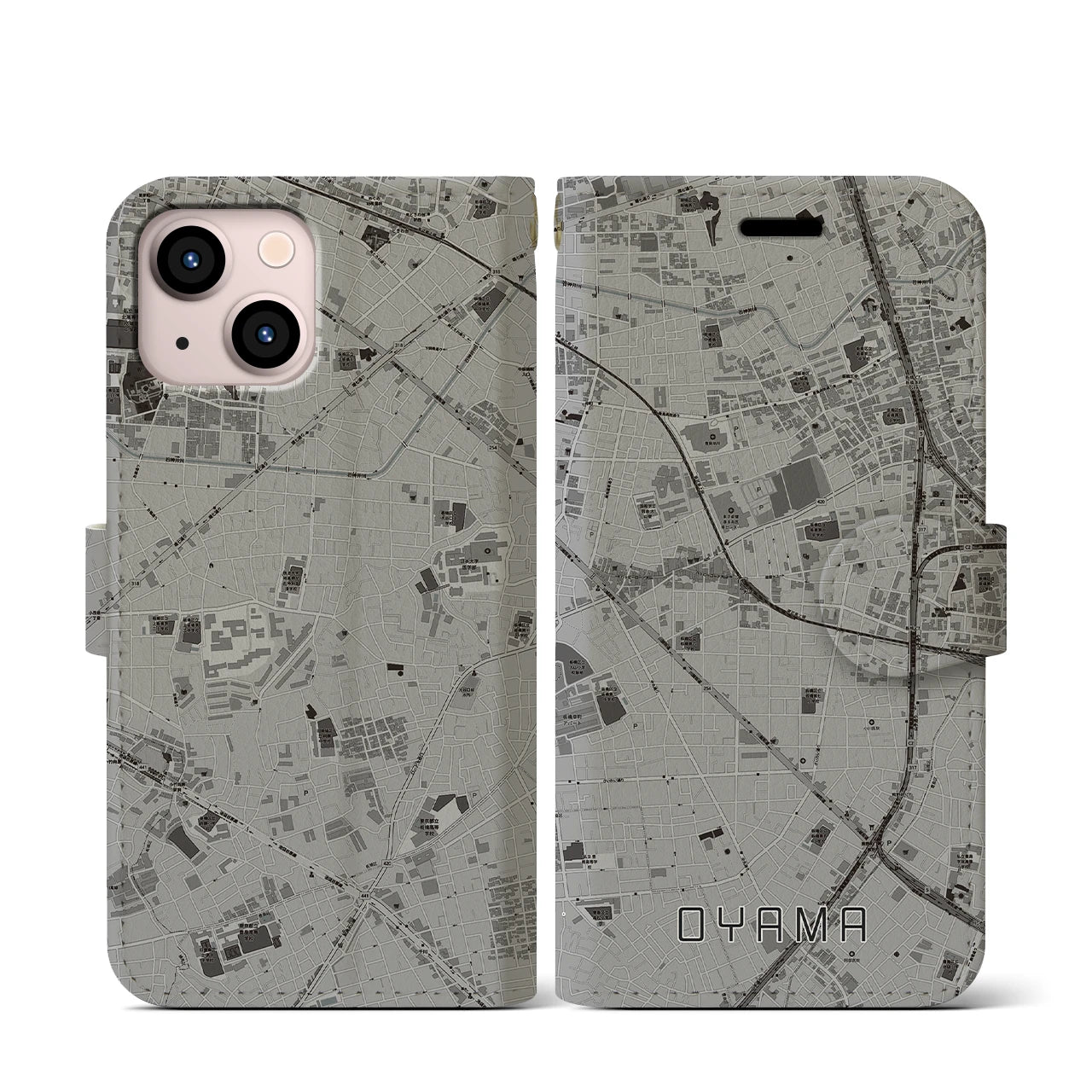 【大山(東京都)】地図柄iPhoneケース(手帳タイプ)モノトーン・iPhone 13 mini 用