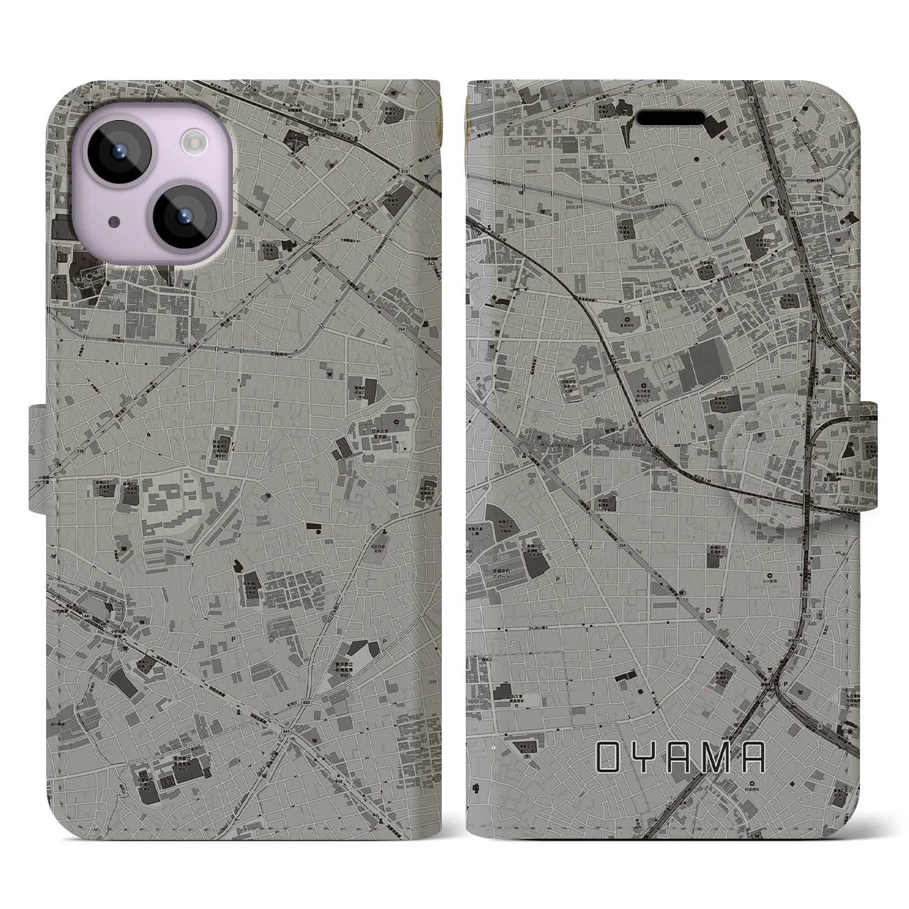 【大山(東京都)】地図柄iPhoneケース(手帳タイプ)モノトーン・iPhone 14 用