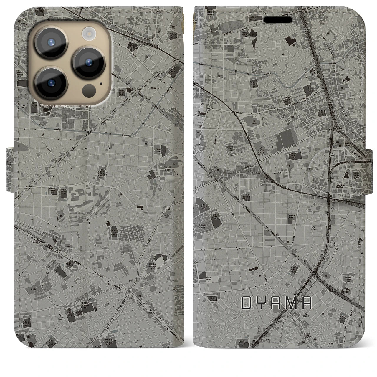 【大山(東京都)】地図柄iPhoneケース(手帳タイプ)モノトーン・iPhone 14 Pro Max 用