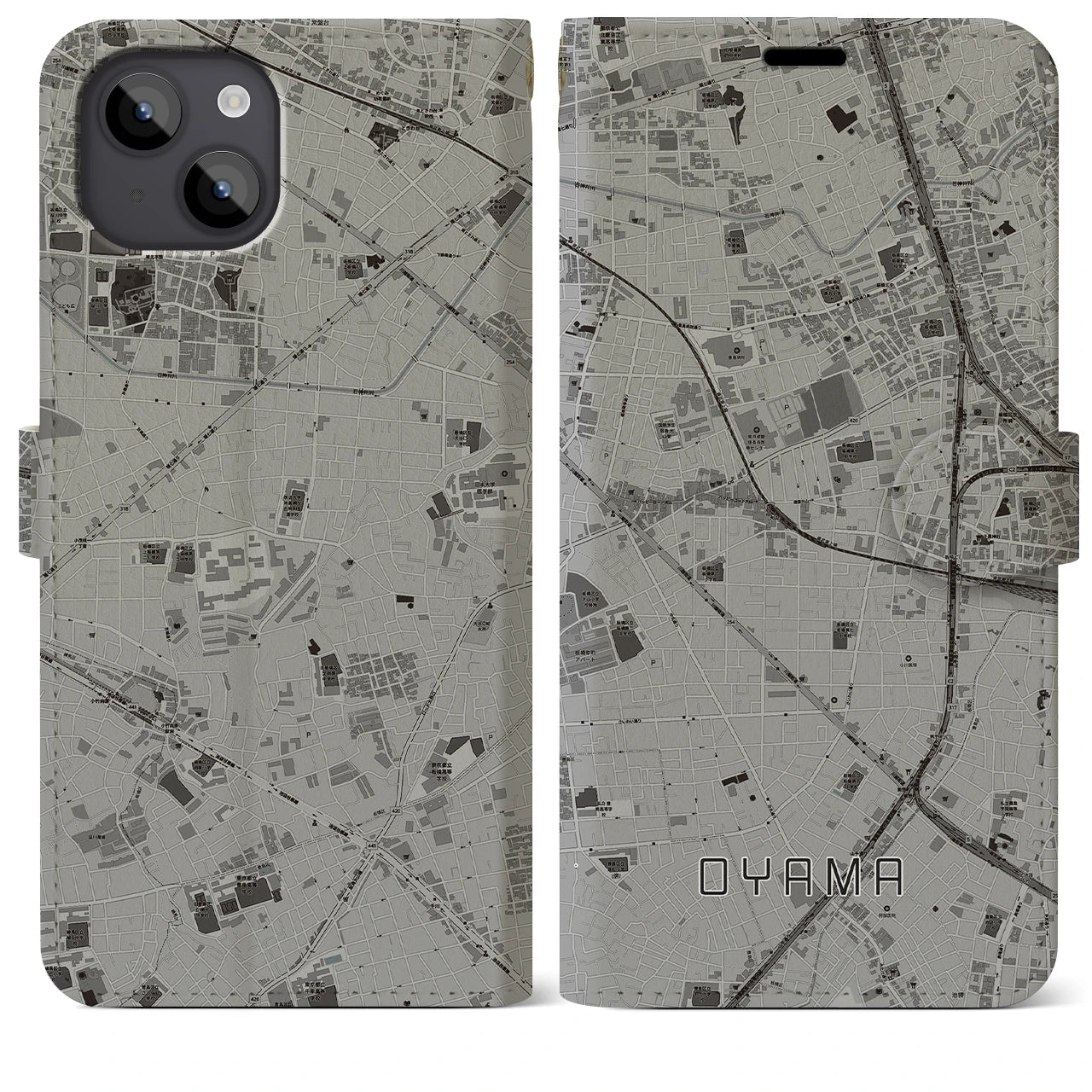 【大山(東京都)】地図柄iPhoneケース(手帳タイプ)モノトーン・iPhone 14 Plus 用
