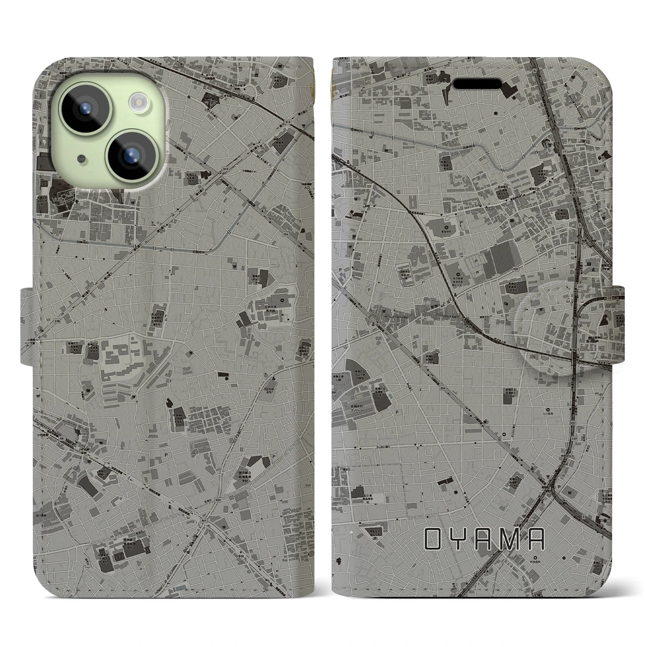 【大山(東京都)】地図柄iPhoneケース(手帳タイプ)モノトーン・iPhone 15 用