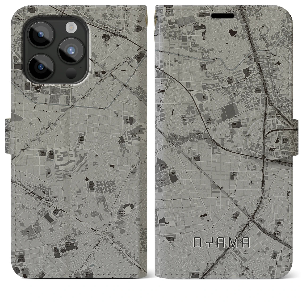 【大山(東京都)】地図柄iPhoneケース(手帳タイプ)モノトーン・iPhone 15 Pro Max 用