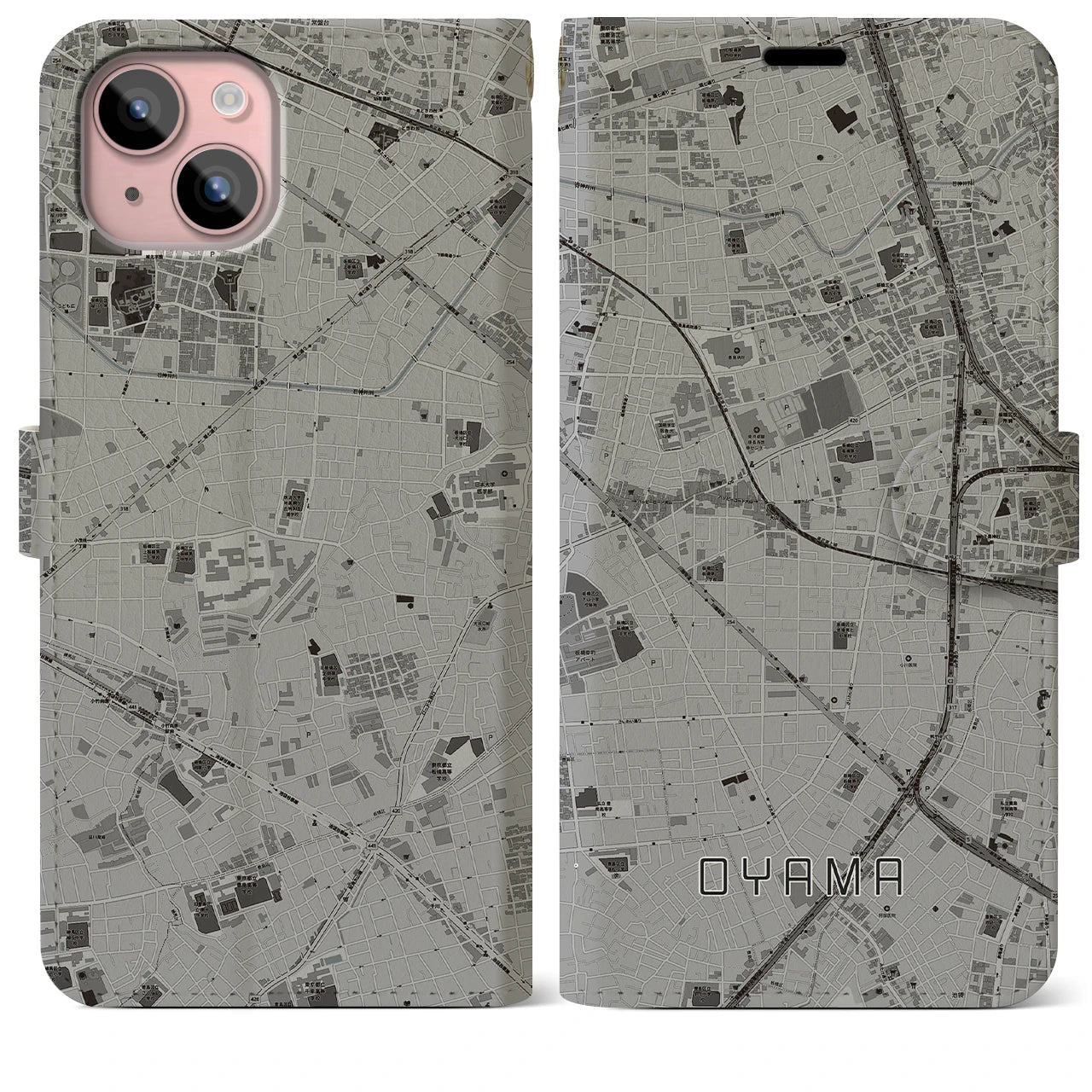 【大山(東京都)】地図柄iPhoneケース(手帳タイプ)モノトーン・iPhone 15 Plus 用