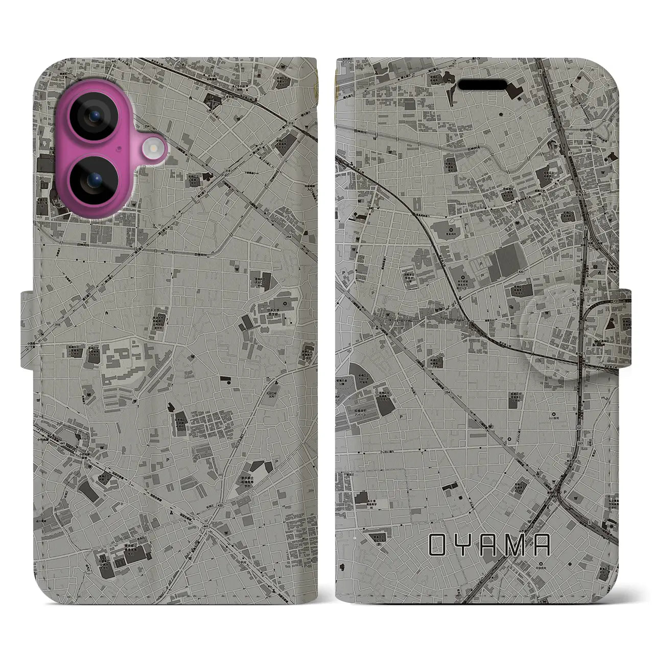 【大山(東京都)】地図柄iPhoneケース(手帳タイプ)モノトーン・iPhone 16 Pro 用