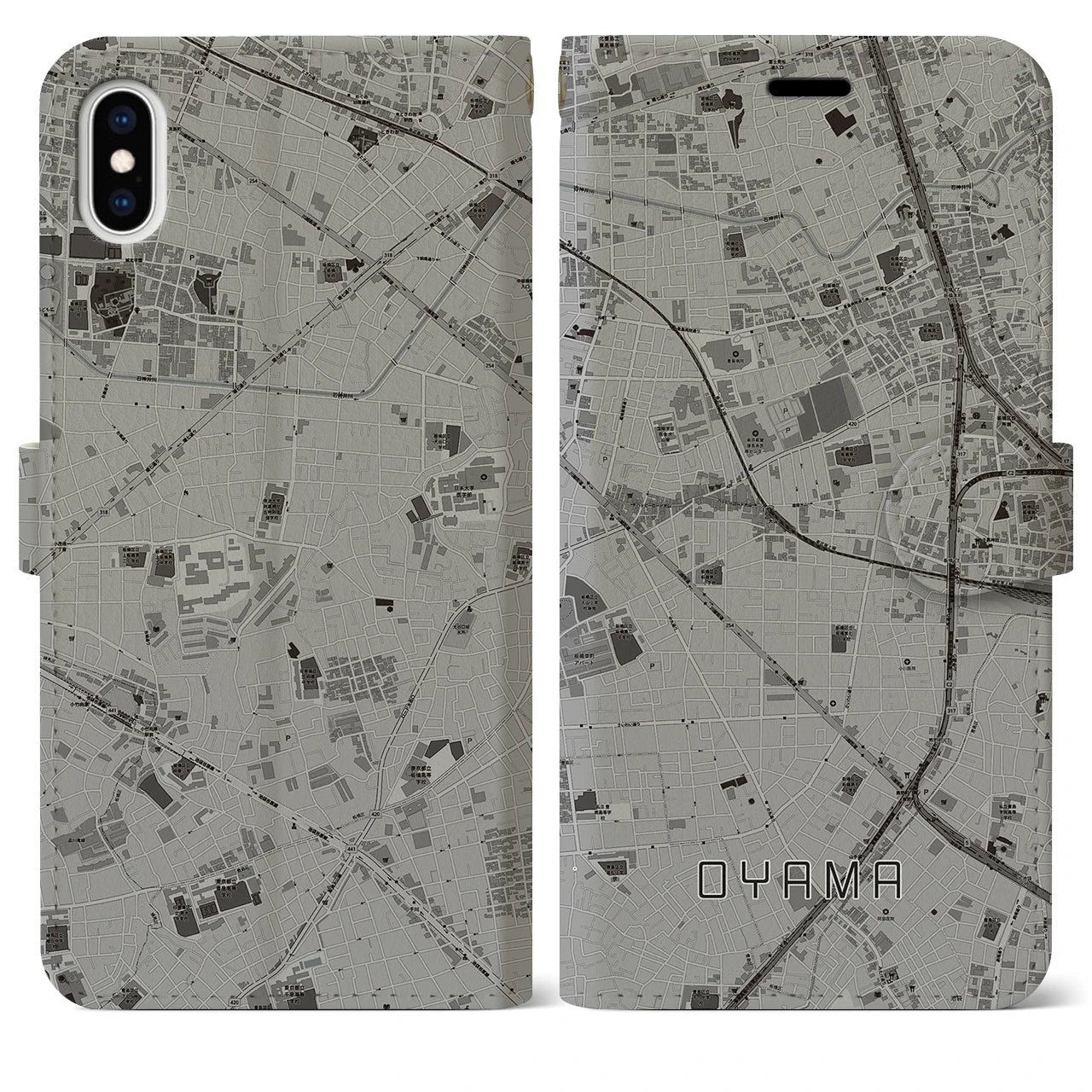 【大山(東京都)】地図柄iPhoneケース(手帳タイプ)モノトーン・iPhone XS Max 用