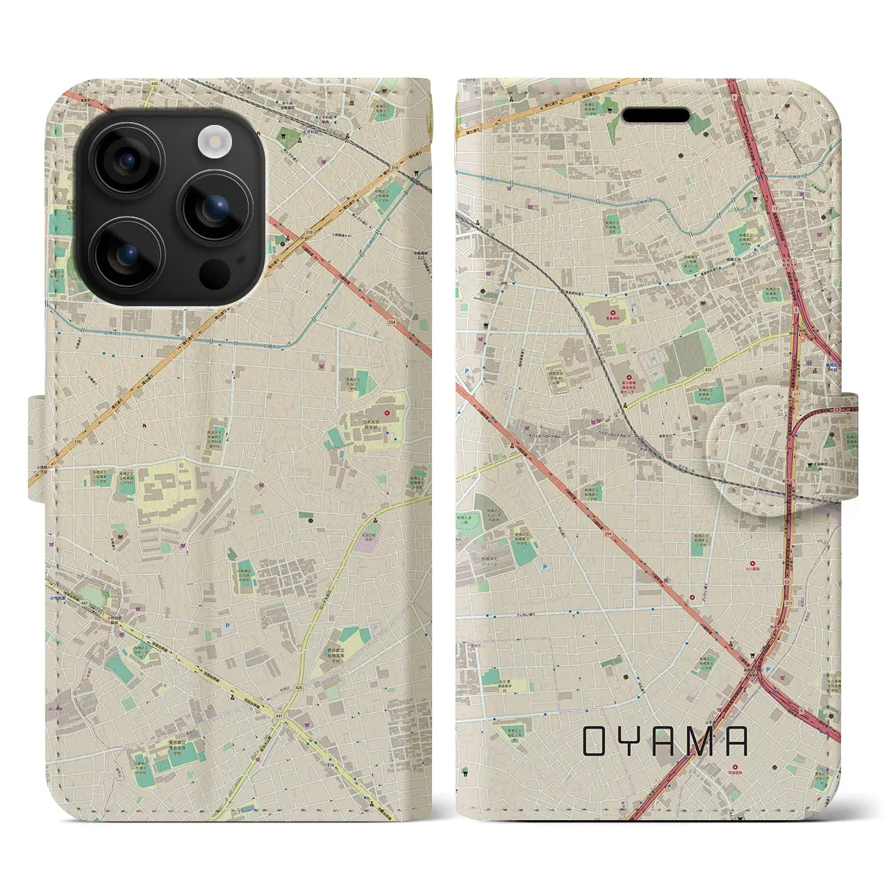【大山(東京都)】地図柄iPhoneケース(手帳タイプ)ナチュラル・iPhone 16 用