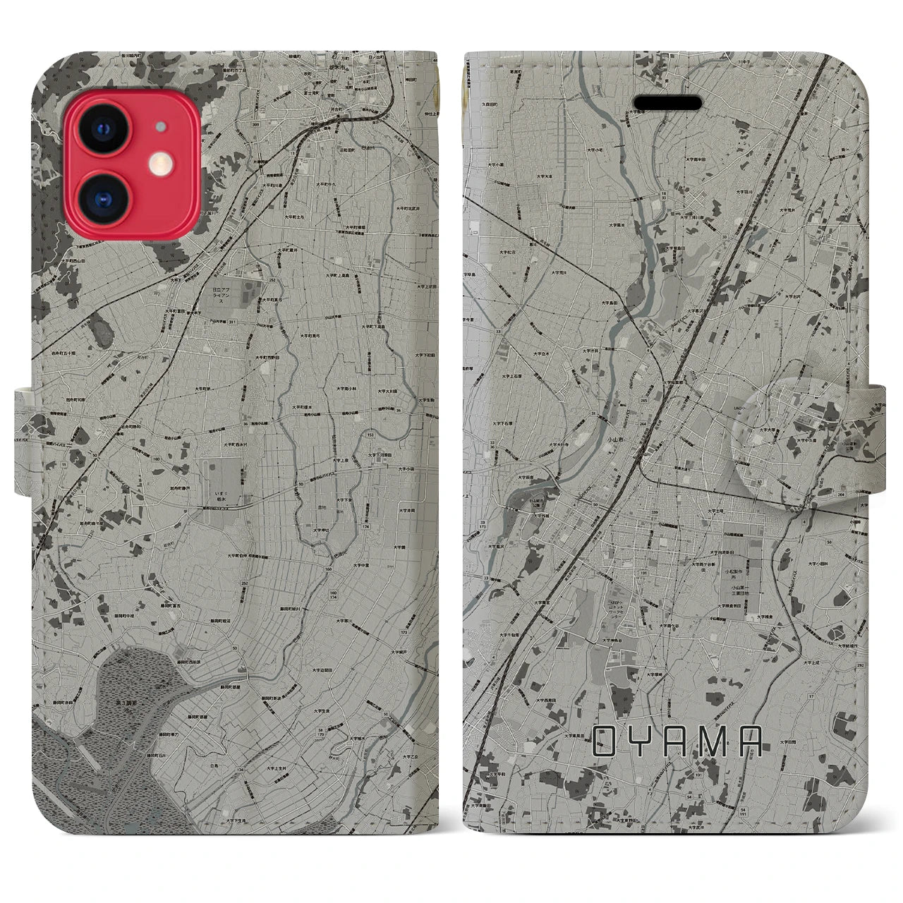 【小山(栃木県)】地図柄iPhoneケース(手帳タイプ)モノトーン・iPhone 11 用