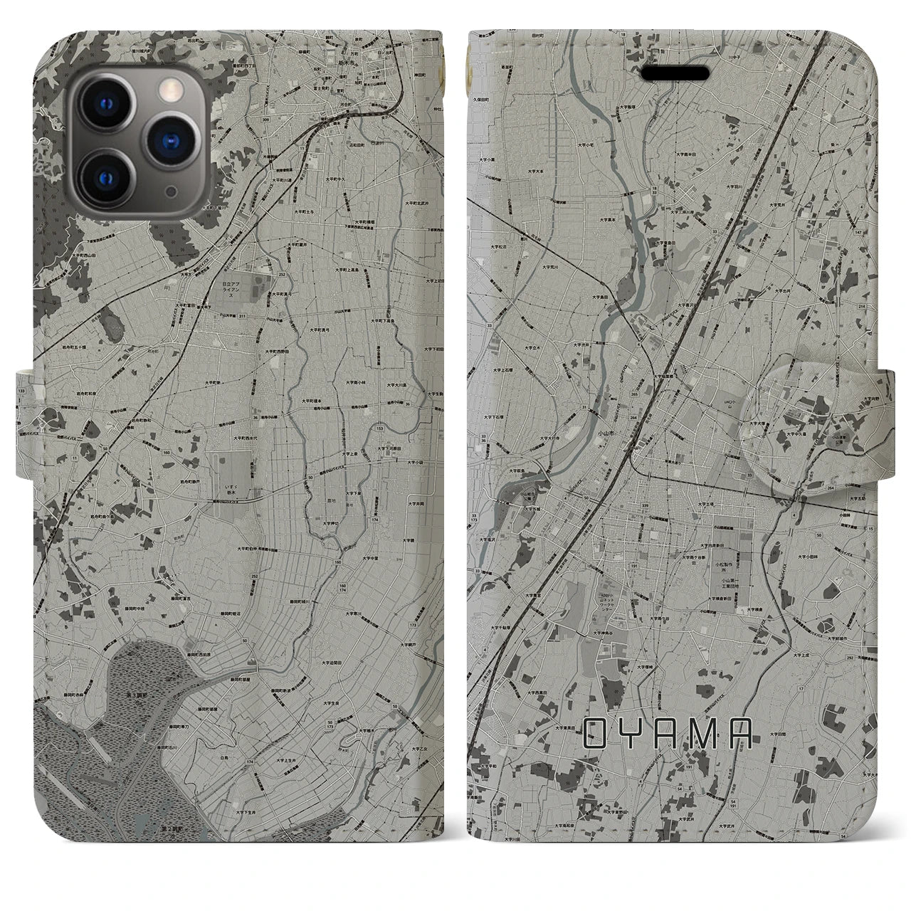 【小山(栃木県)】地図柄iPhoneケース(手帳タイプ)モノトーン・iPhone 11 Pro Max 用