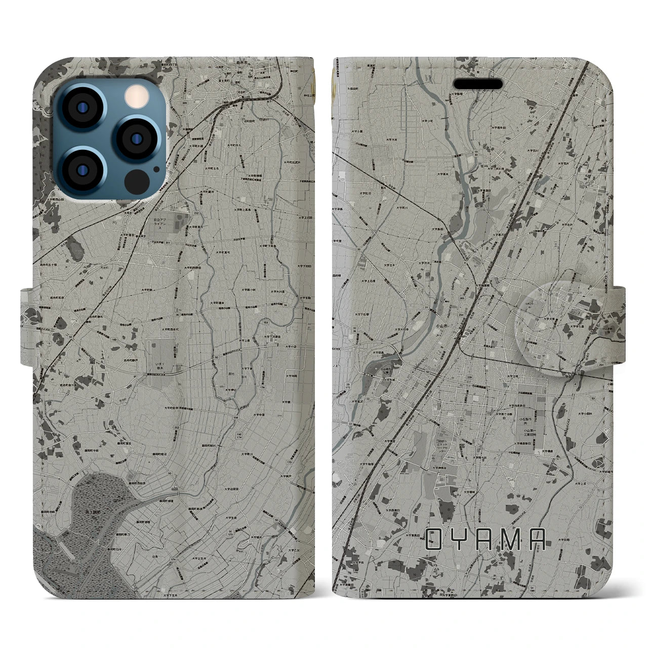 【小山(栃木県)】地図柄iPhoneケース(手帳タイプ)モノトーン・iPhone 12 / 12 Pro 用
