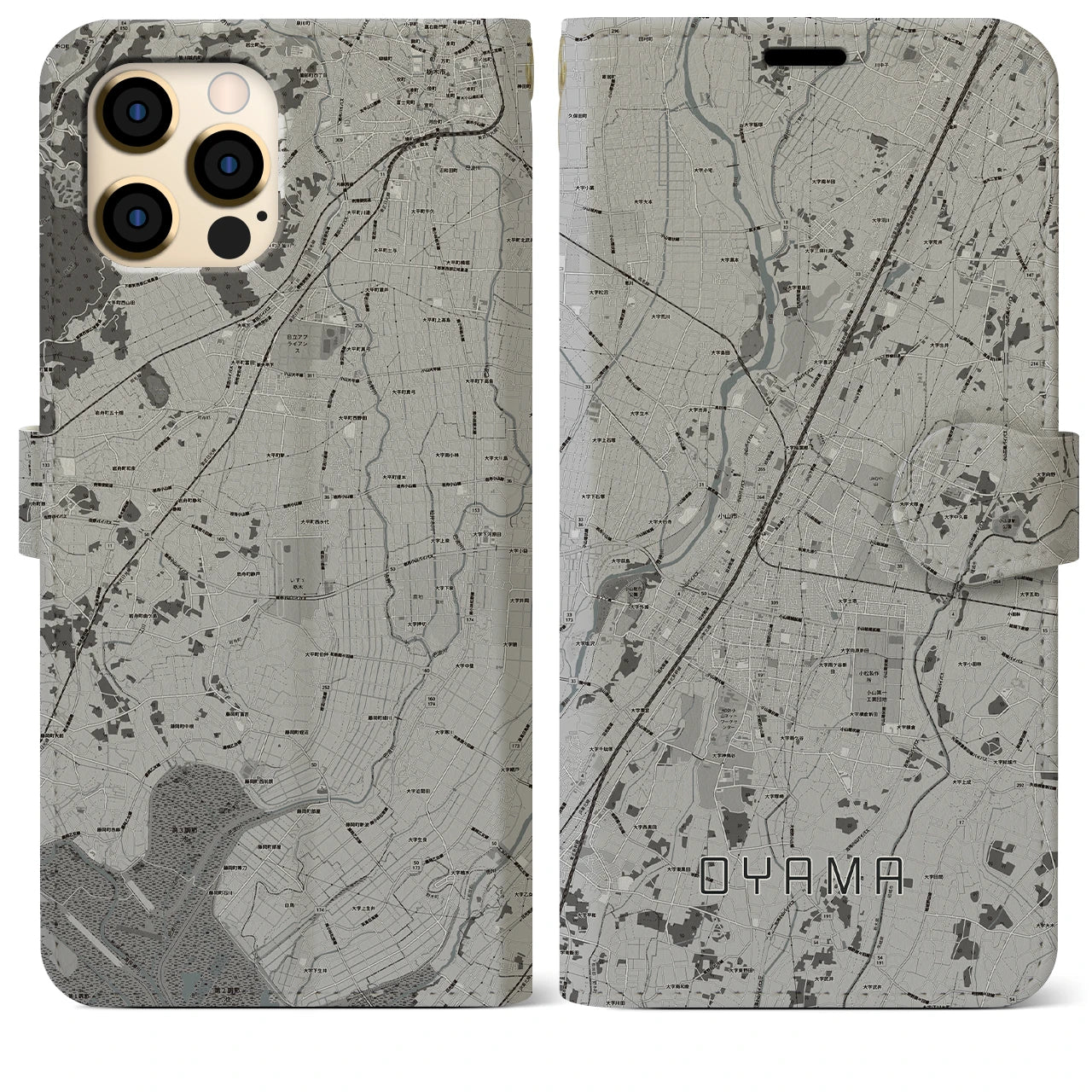 【小山(栃木県)】地図柄iPhoneケース(手帳タイプ)モノトーン・iPhone 12 Pro Max 用