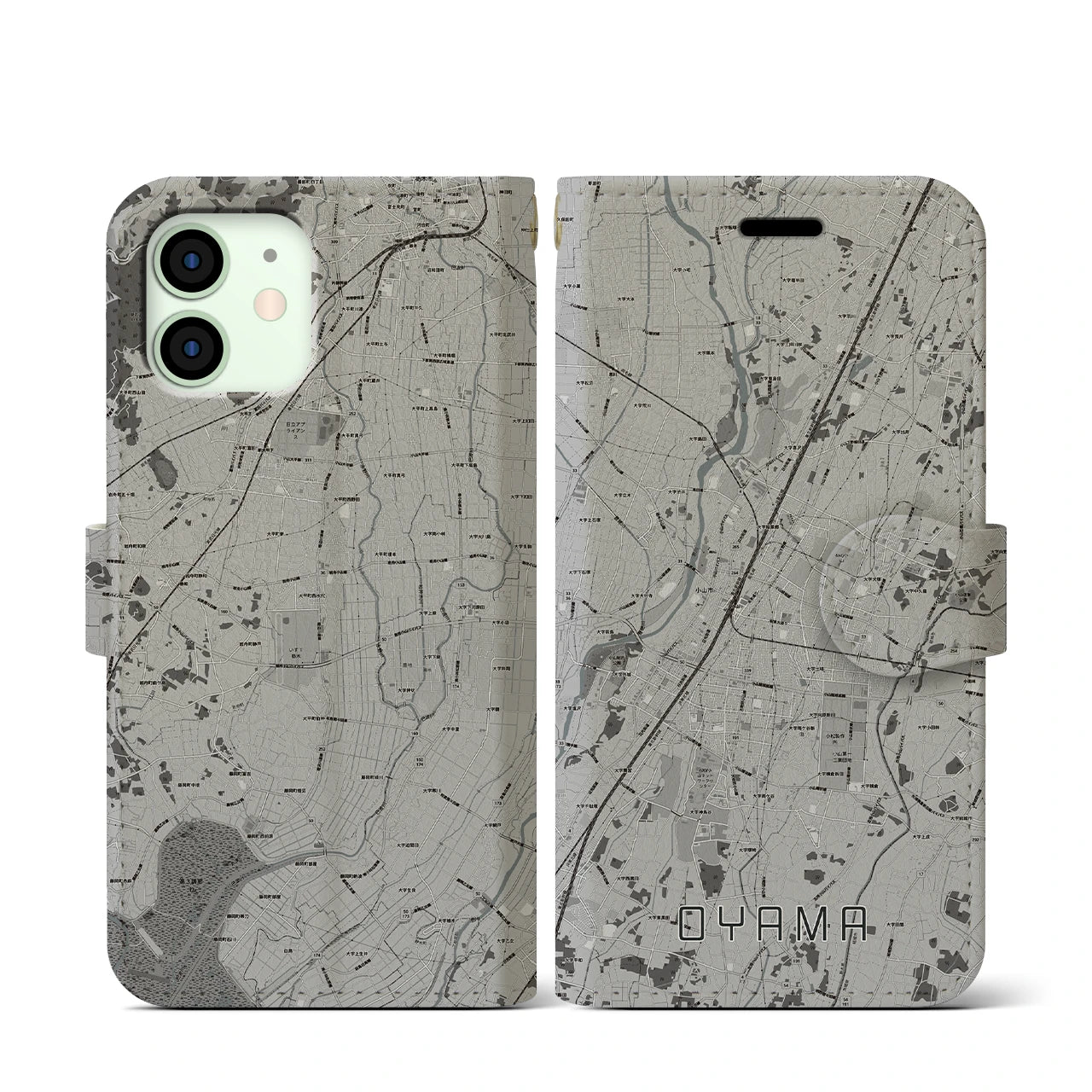 【小山(栃木県)】地図柄iPhoneケース(手帳タイプ)モノトーン・iPhone 12 mini 用
