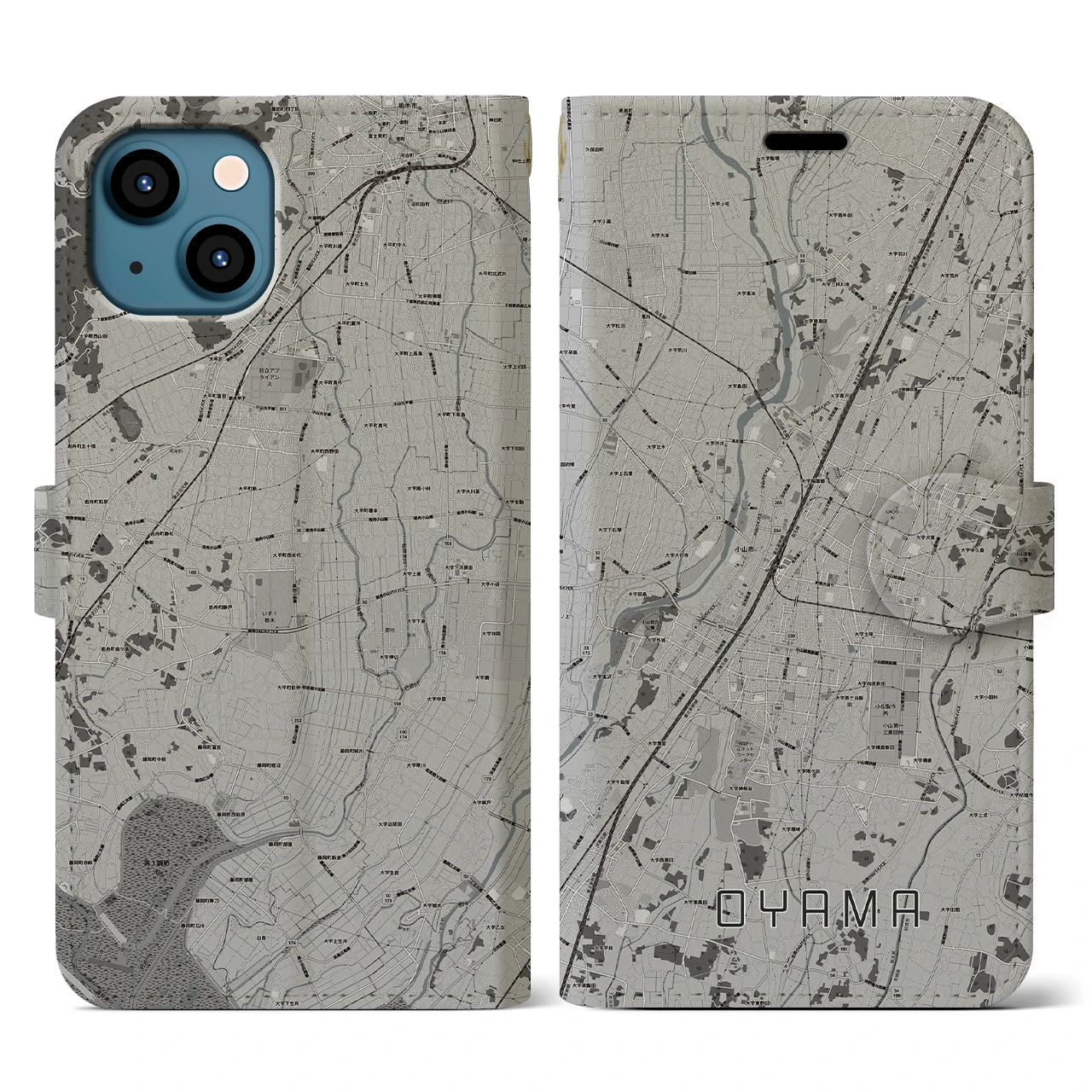 【小山(栃木県)】地図柄iPhoneケース(手帳タイプ)モノトーン・iPhone 13 用