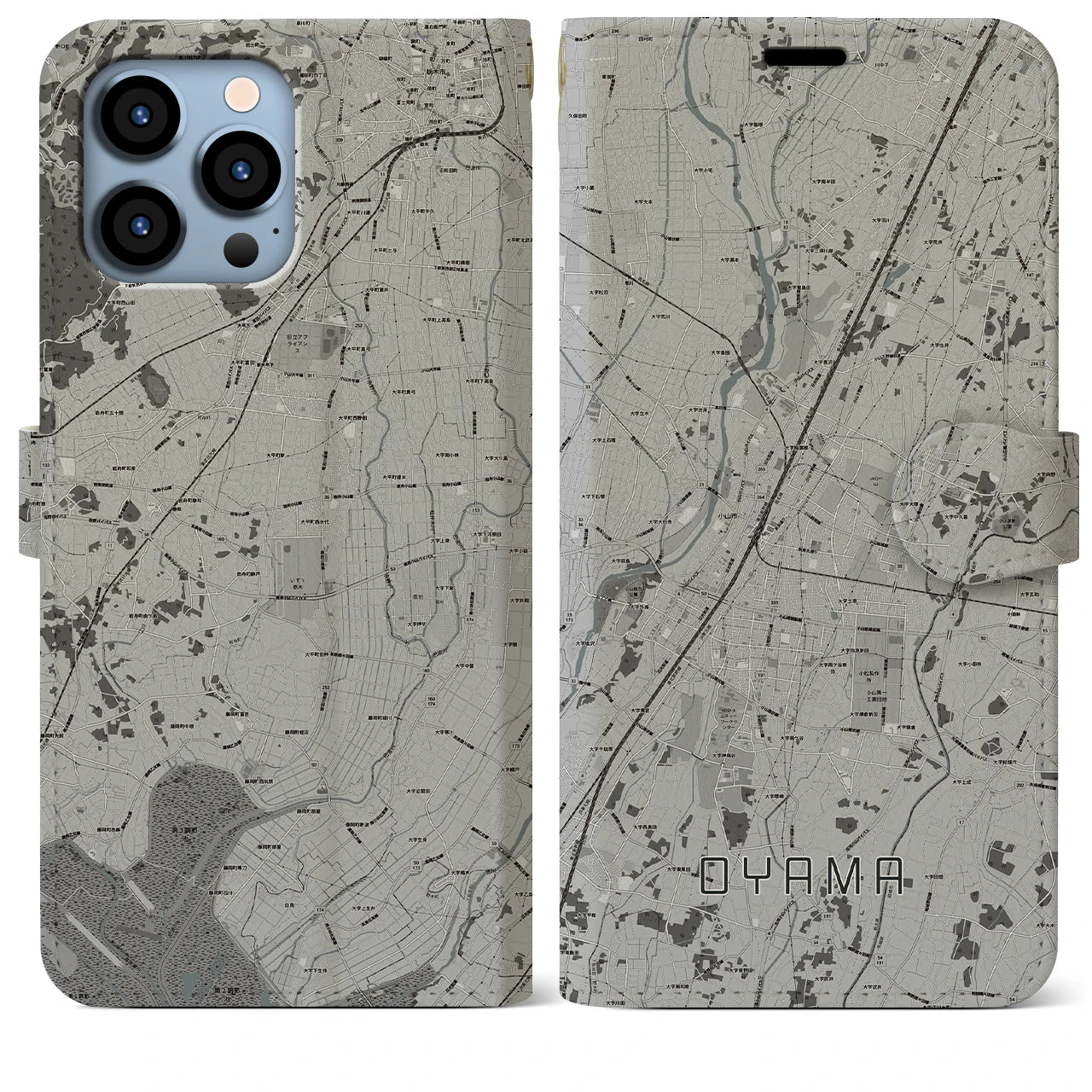 【小山(栃木県)】地図柄iPhoneケース(手帳タイプ)モノトーン・iPhone 13 Pro Max 用