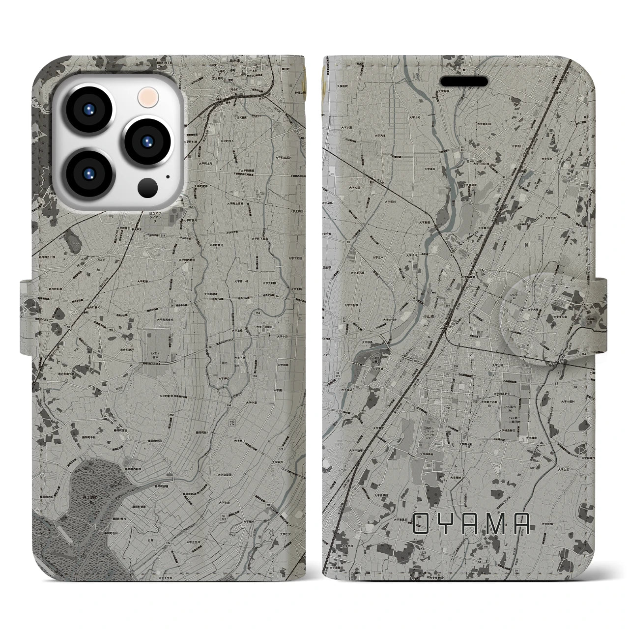 【小山(栃木県)】地図柄iPhoneケース(手帳タイプ)モノトーン・iPhone 13 Pro 用