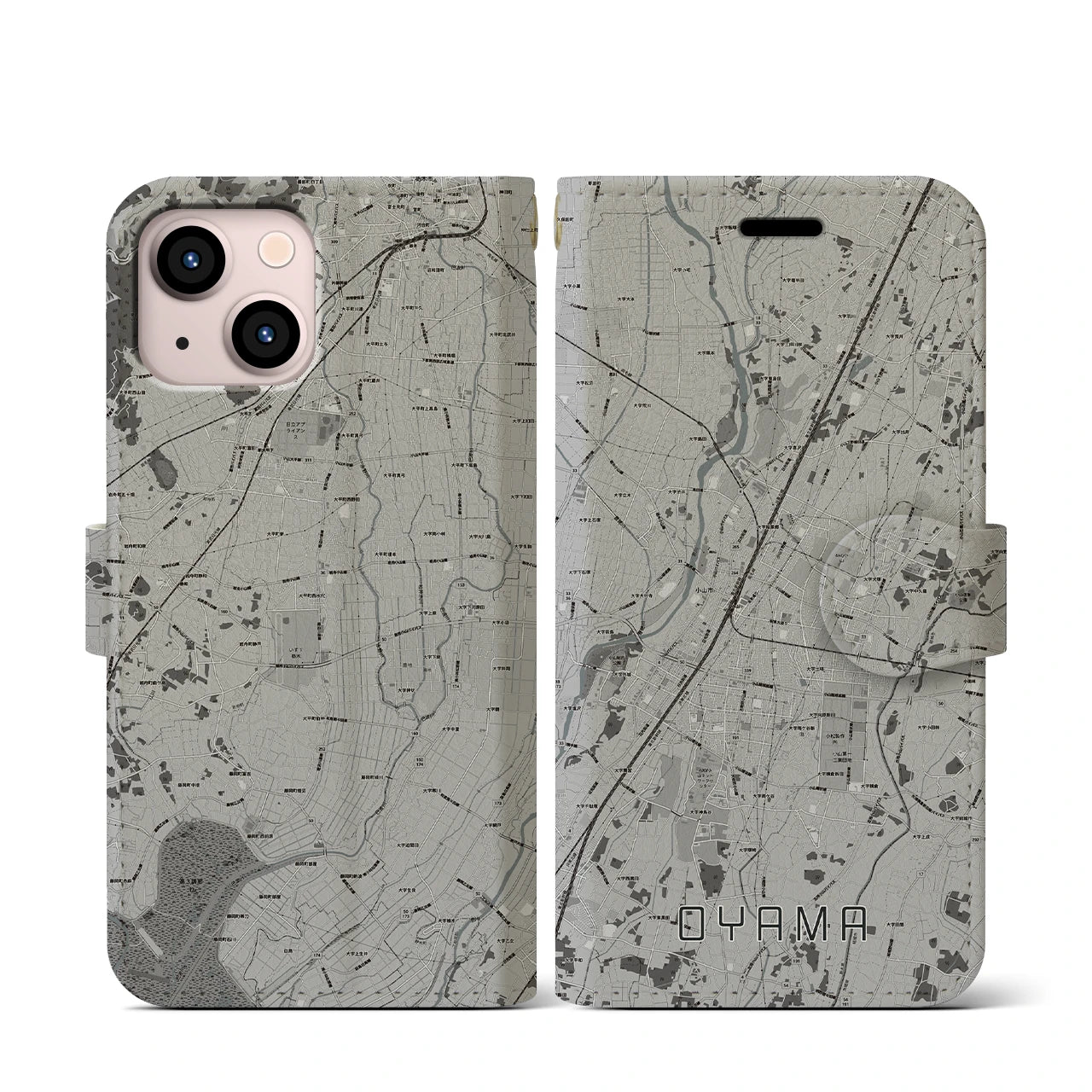 【小山(栃木県)】地図柄iPhoneケース(手帳タイプ)モノトーン・iPhone 13 mini 用