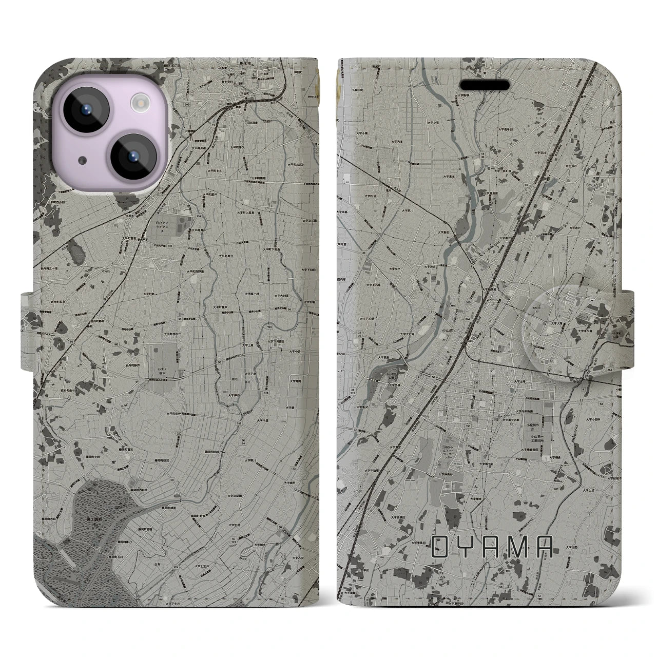 【小山(栃木県)】地図柄iPhoneケース(手帳タイプ)モノトーン・iPhone 14 用