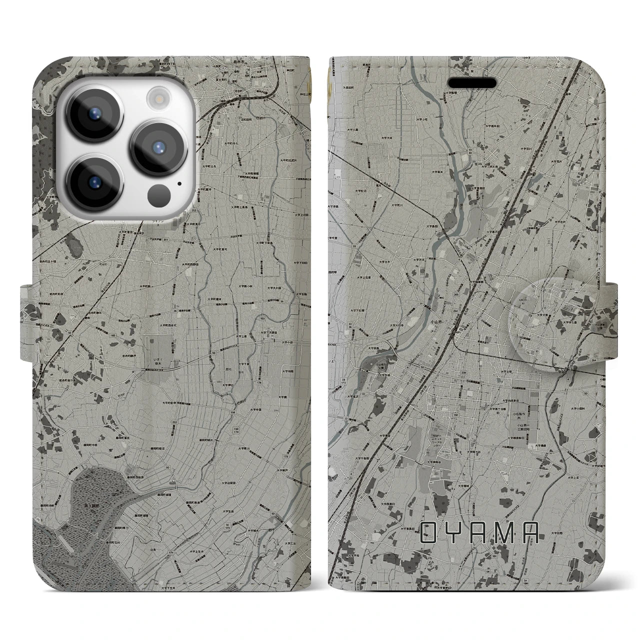 【小山(栃木県)】地図柄iPhoneケース(手帳タイプ)モノトーン・iPhone 14 Pro 用