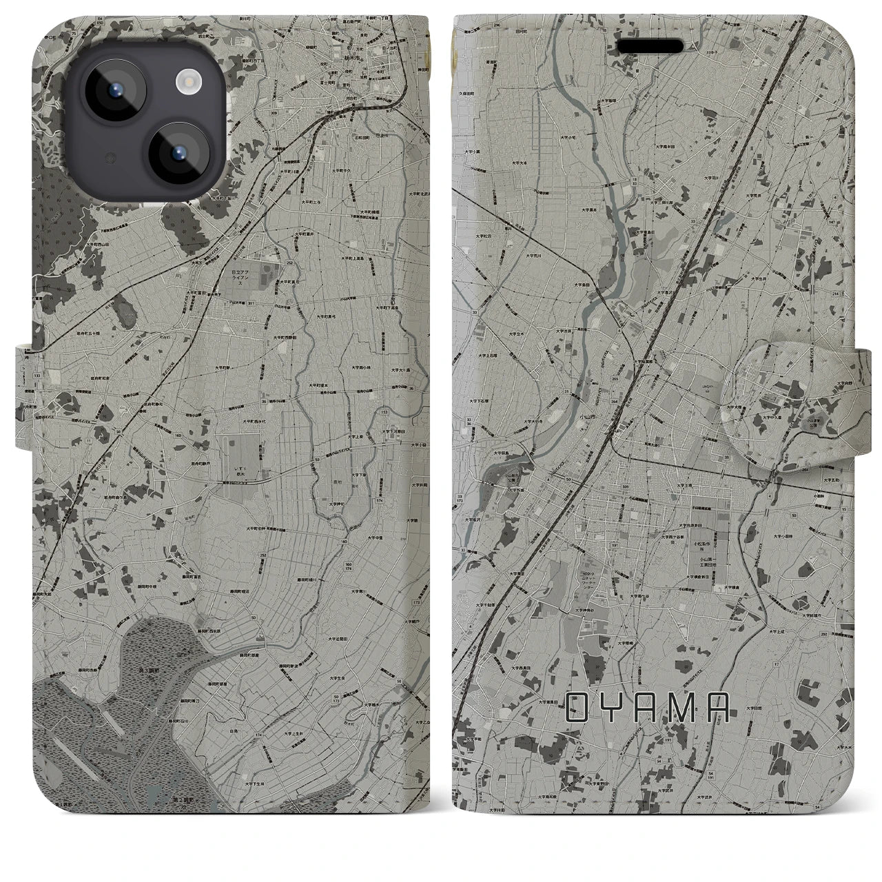 【小山(栃木県)】地図柄iPhoneケース(手帳タイプ)モノトーン・iPhone 14 Plus 用