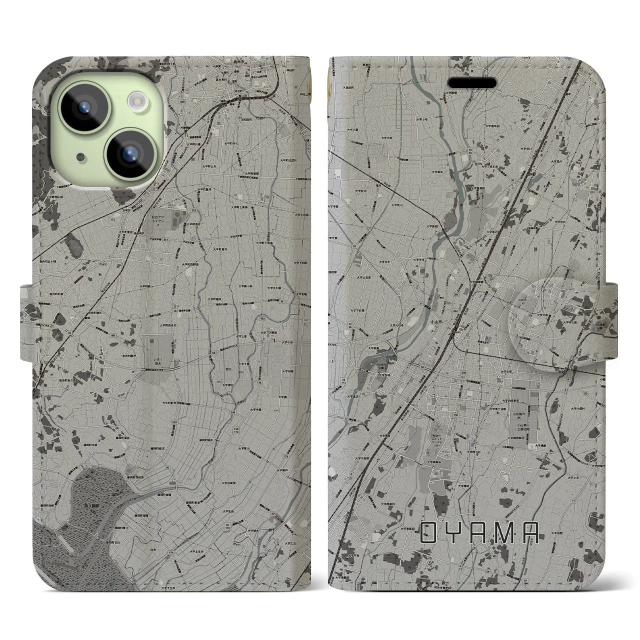 【小山(栃木県)】地図柄iPhoneケース(手帳タイプ)モノトーン・iPhone 15 用