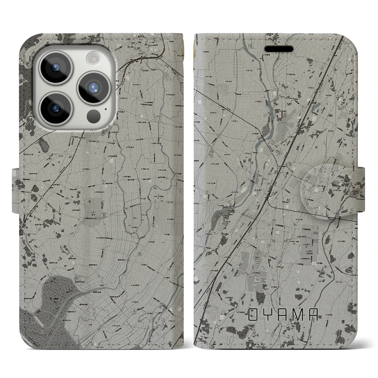 【小山(栃木県)】地図柄iPhoneケース(手帳タイプ)モノトーン・iPhone 15 Pro 用