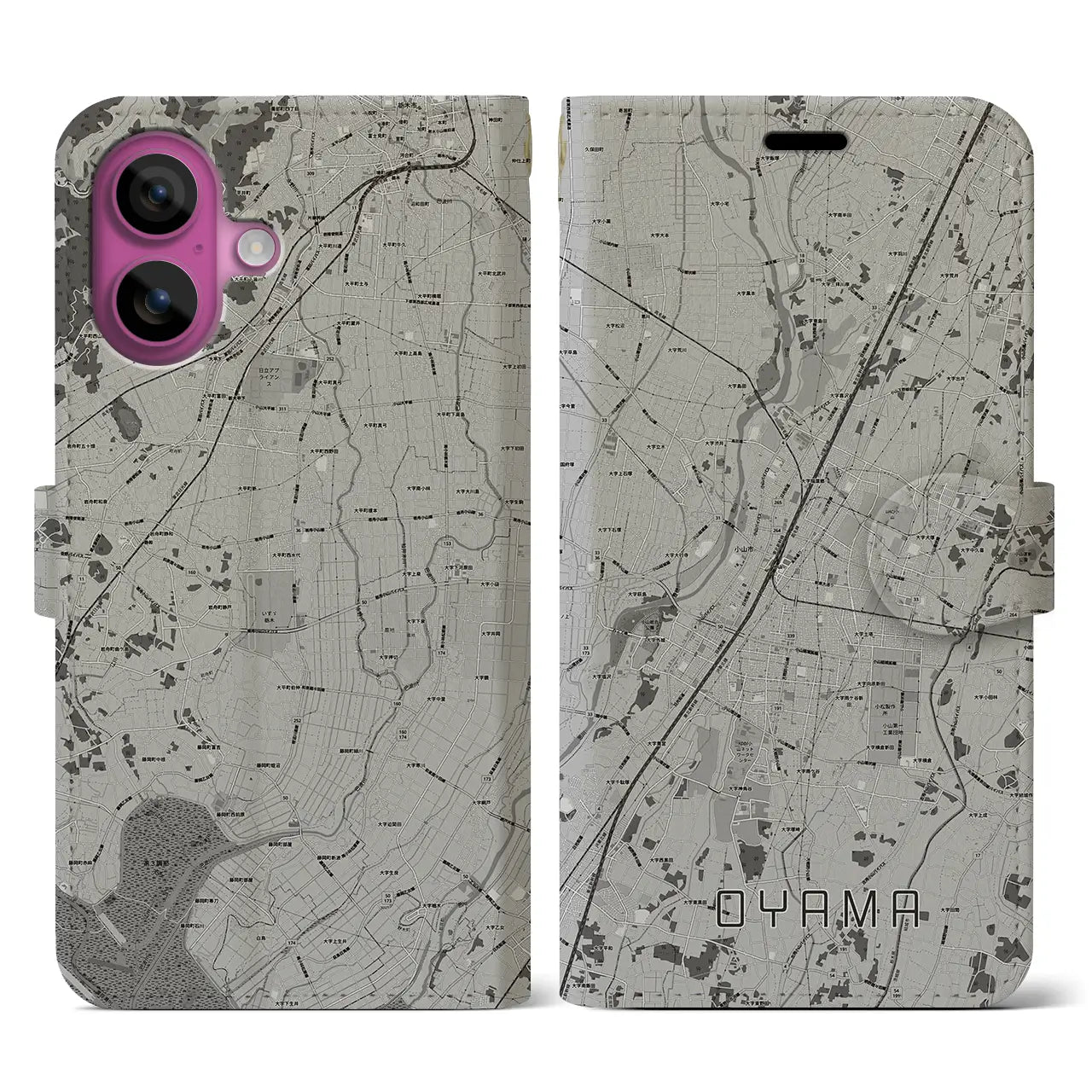 【小山(栃木県)】地図柄iPhoneケース(手帳タイプ)モノトーン・iPhone 16 Pro 用
