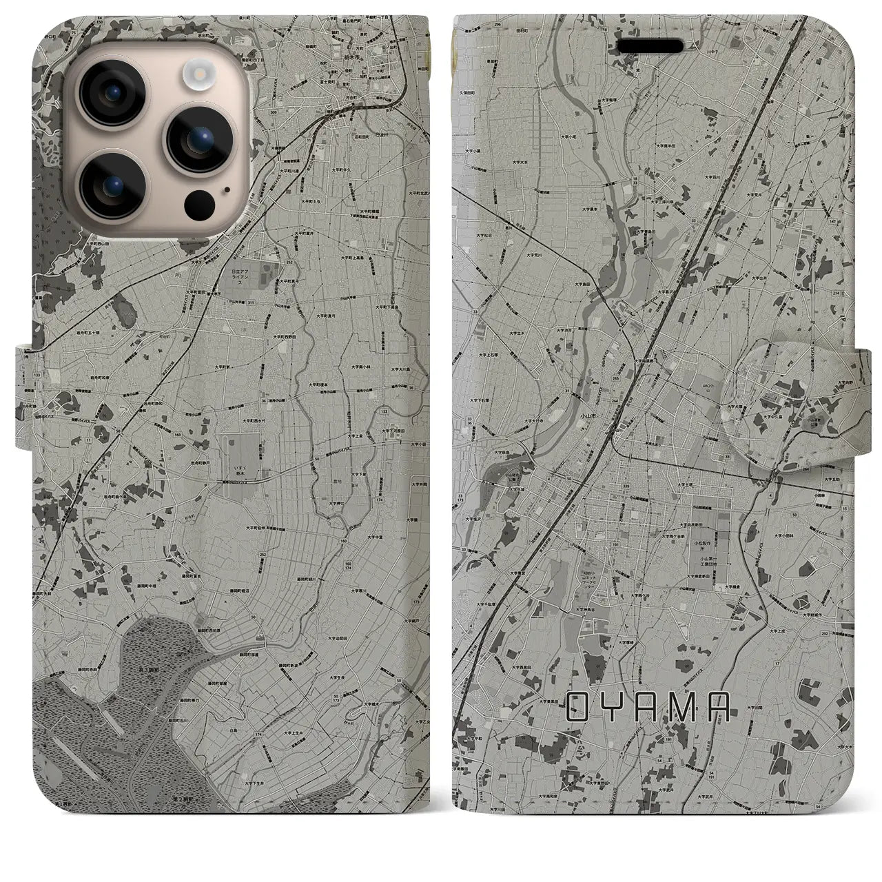 【小山(栃木県)】地図柄iPhoneケース(手帳タイプ)モノトーン・iPhone 16 Plus 用