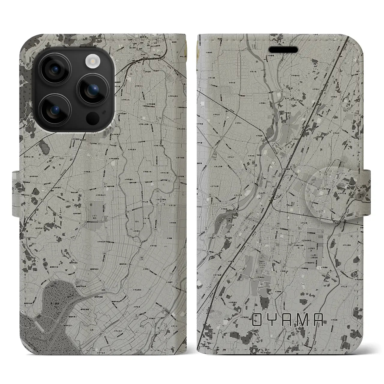 【小山(栃木県)】地図柄iPhoneケース(手帳タイプ)モノトーン・iPhone 16 用