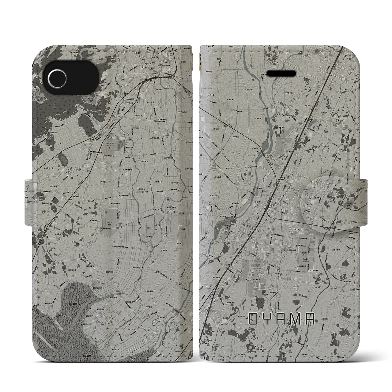 【小山(栃木県)】地図柄iPhoneケース(手帳タイプ)モノトーン・iPhone SE(第3 / 第2世代) / 8 / 7 / 6s / 6 用