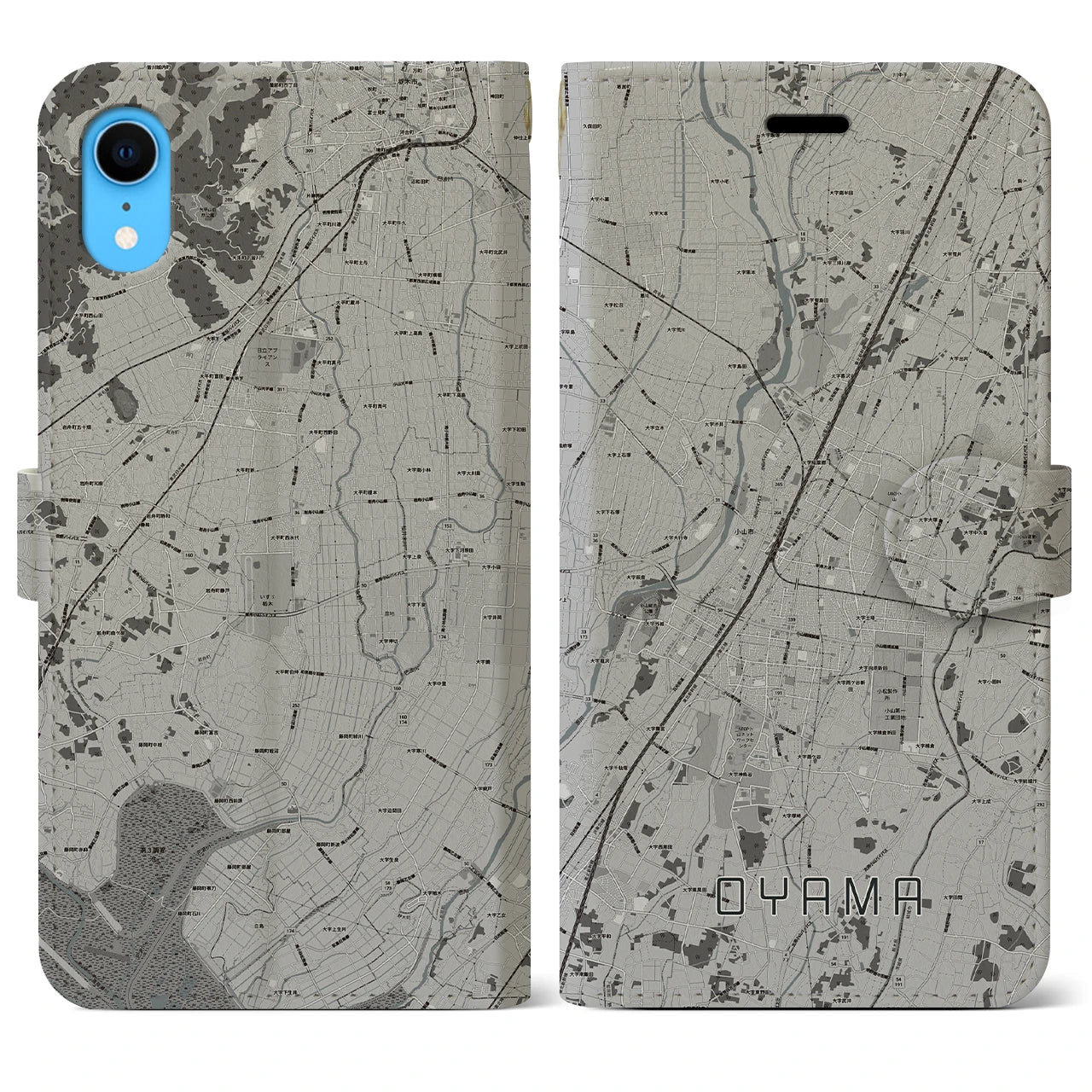 【小山(栃木県)】地図柄iPhoneケース(手帳タイプ)モノトーン・iPhone XR 用