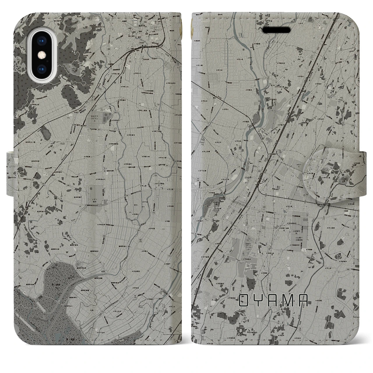 【小山(栃木県)】地図柄iPhoneケース(手帳タイプ)モノトーン・iPhone XS Max 用
