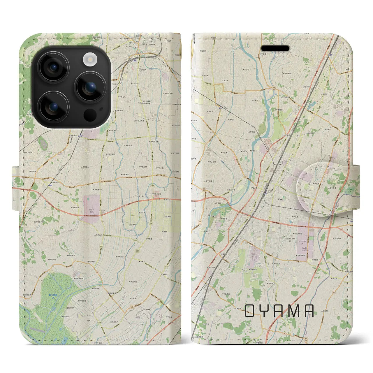 【小山(栃木県)】地図柄iPhoneケース(手帳タイプ)ナチュラル・iPhone 16 用