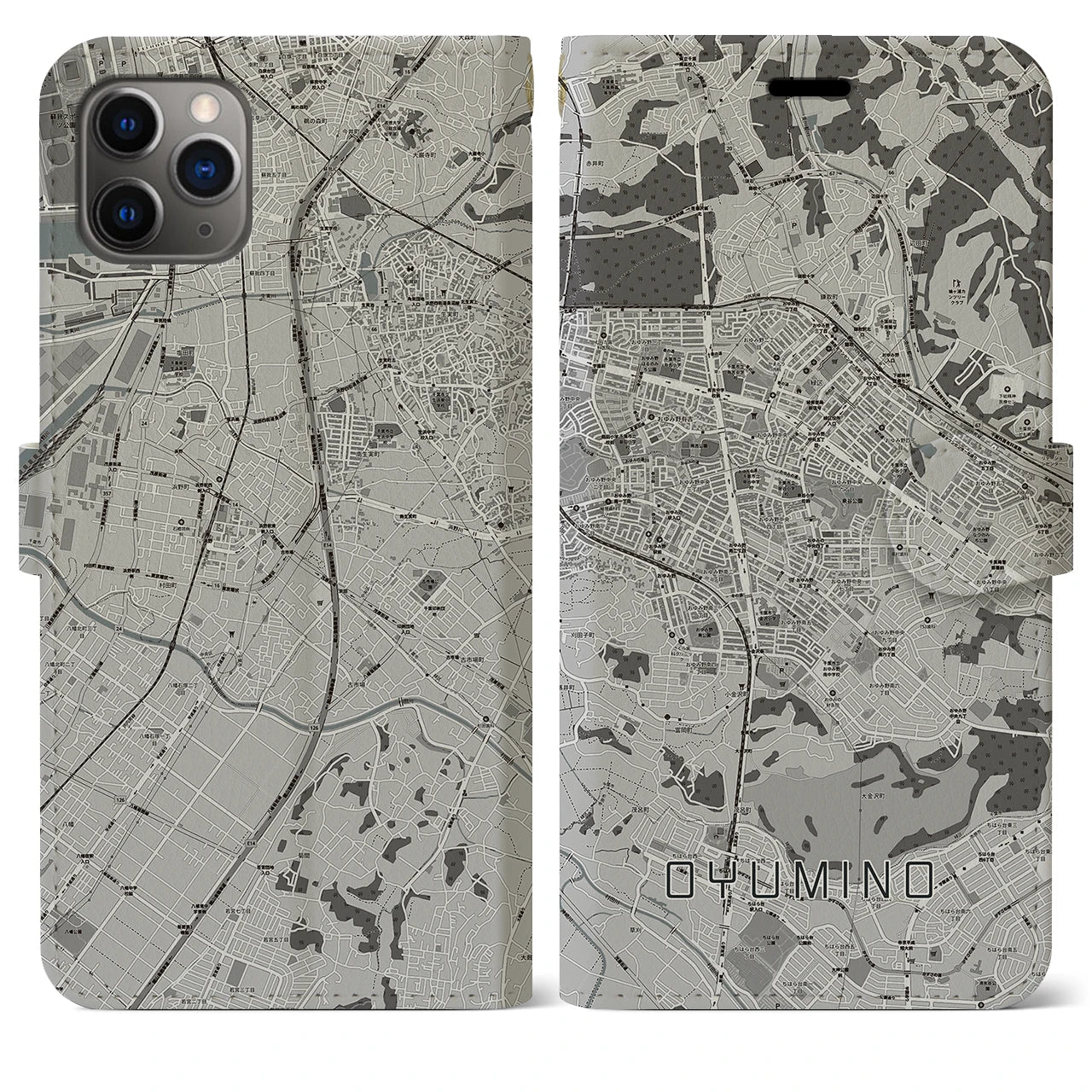 【おゆみ野(千葉県)】地図柄iPhoneケース(手帳タイプ)モノトーン・iPhone 11 Pro Max 用