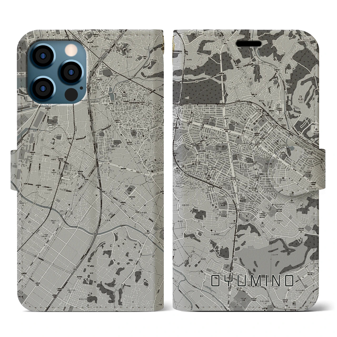 【おゆみ野(千葉県)】地図柄iPhoneケース(手帳タイプ)モノトーン・iPhone 12 / 12 Pro 用
