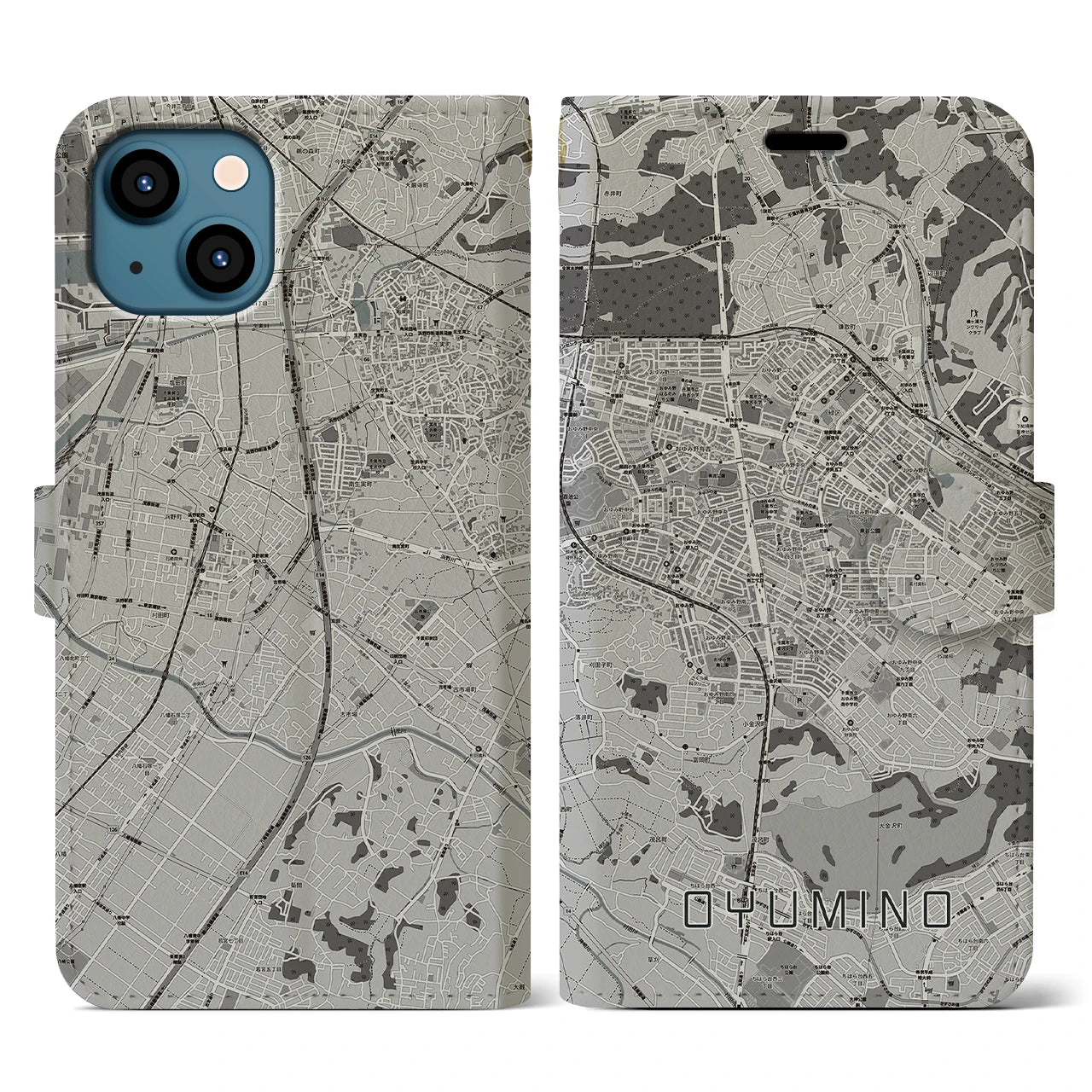 【おゆみ野(千葉県)】地図柄iPhoneケース(手帳タイプ)モノトーン・iPhone 13 用