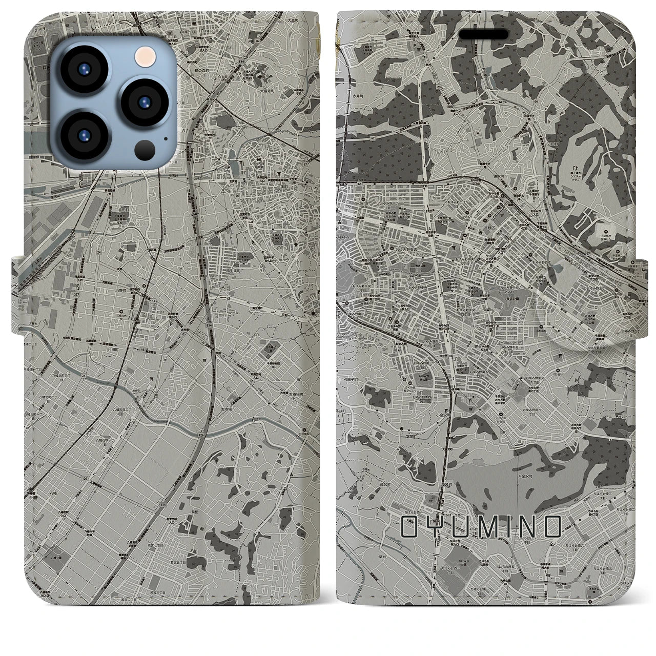 【おゆみ野(千葉県)】地図柄iPhoneケース(手帳タイプ)モノトーン・iPhone 13 Pro Max 用