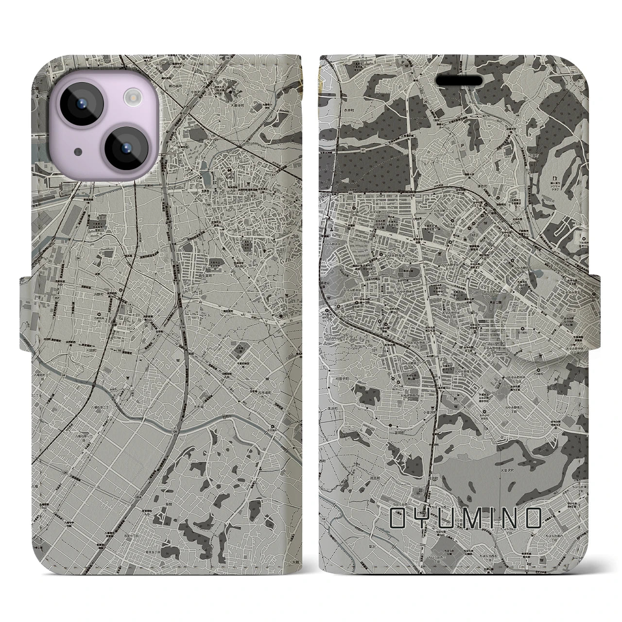 【おゆみ野(千葉県)】地図柄iPhoneケース(手帳タイプ)モノトーン・iPhone 14 用