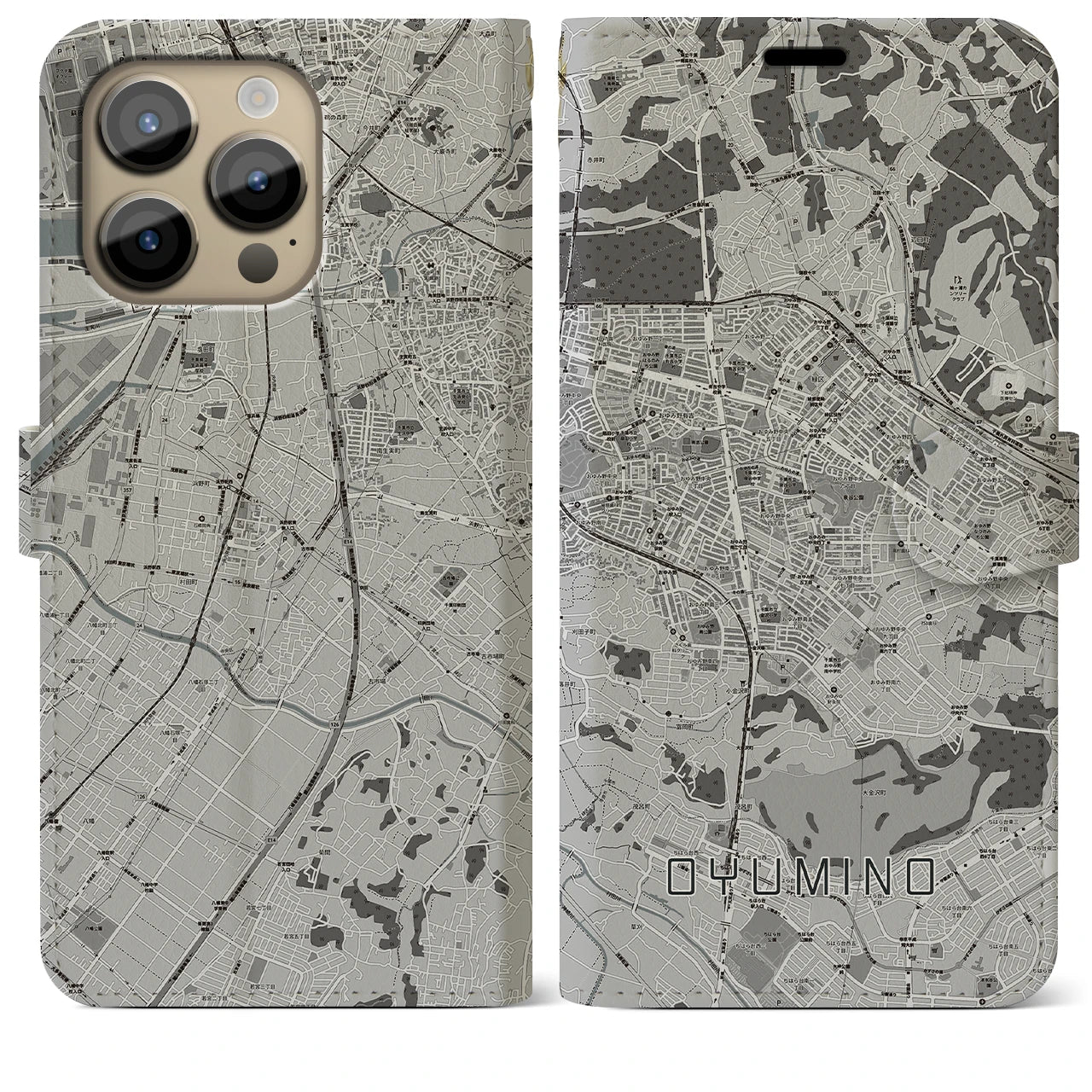 【おゆみ野(千葉県)】地図柄iPhoneケース(手帳タイプ)モノトーン・iPhone 14 Pro Max 用