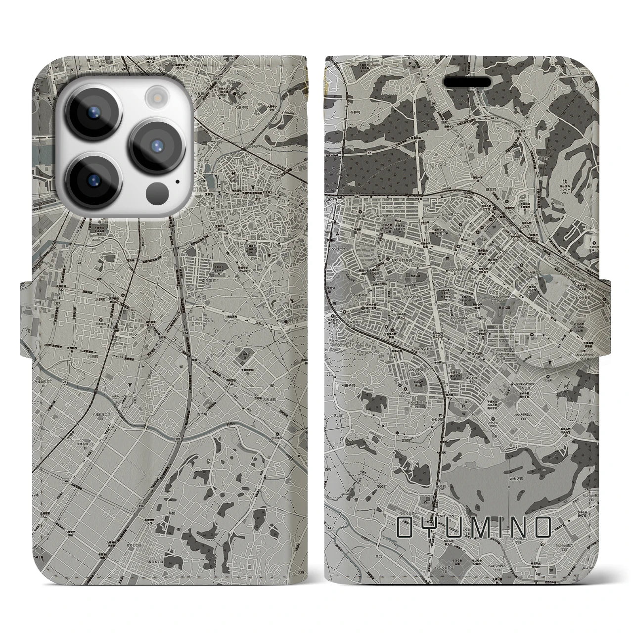 【おゆみ野(千葉県)】地図柄iPhoneケース(手帳タイプ)モノトーン・iPhone 14 Pro 用