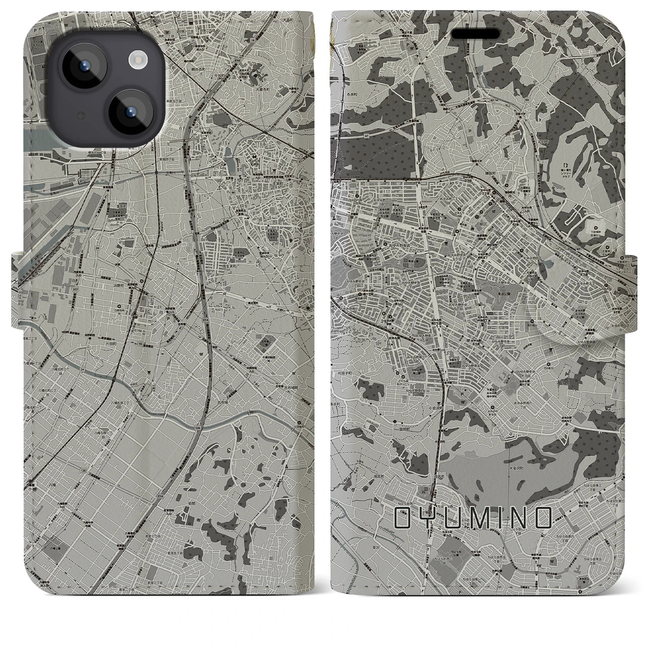 【おゆみ野(千葉県)】地図柄iPhoneケース(手帳タイプ)モノトーン・iPhone 14 Plus 用